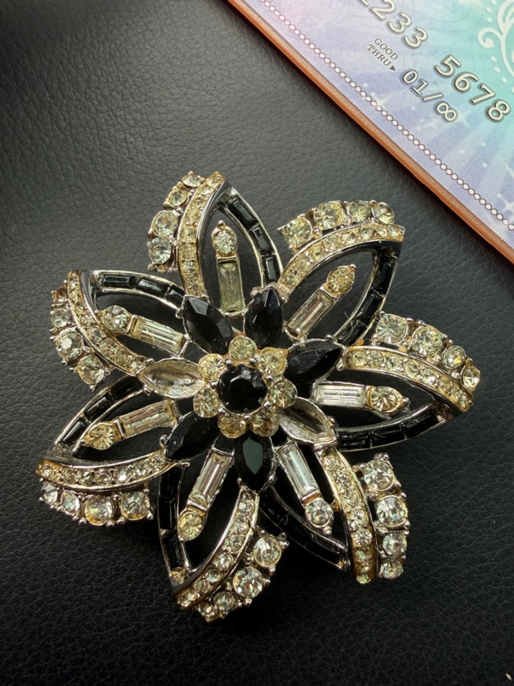 Coro craft Black and Gold Floral Crystal Brooch - Elegant Womens Jewelry